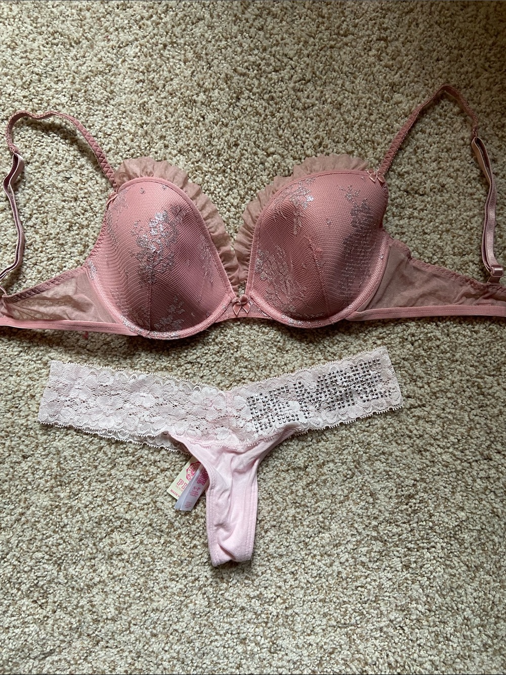 Victoria's Secret Blush Pink Lace Push-Up Bra and Lace Thong Set